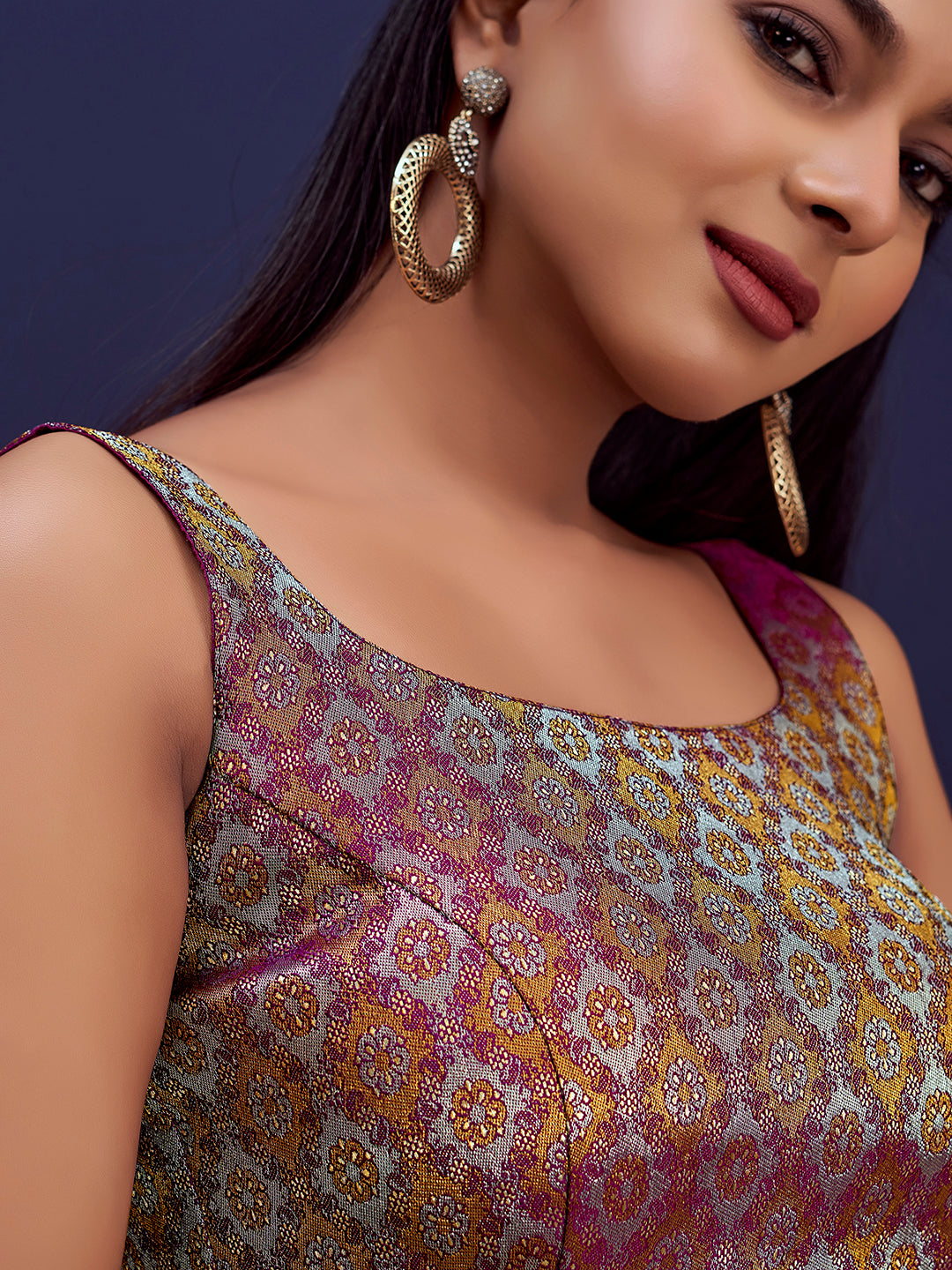 Wine Round Neck Sleeveless Padded Blouse with Gold Zari