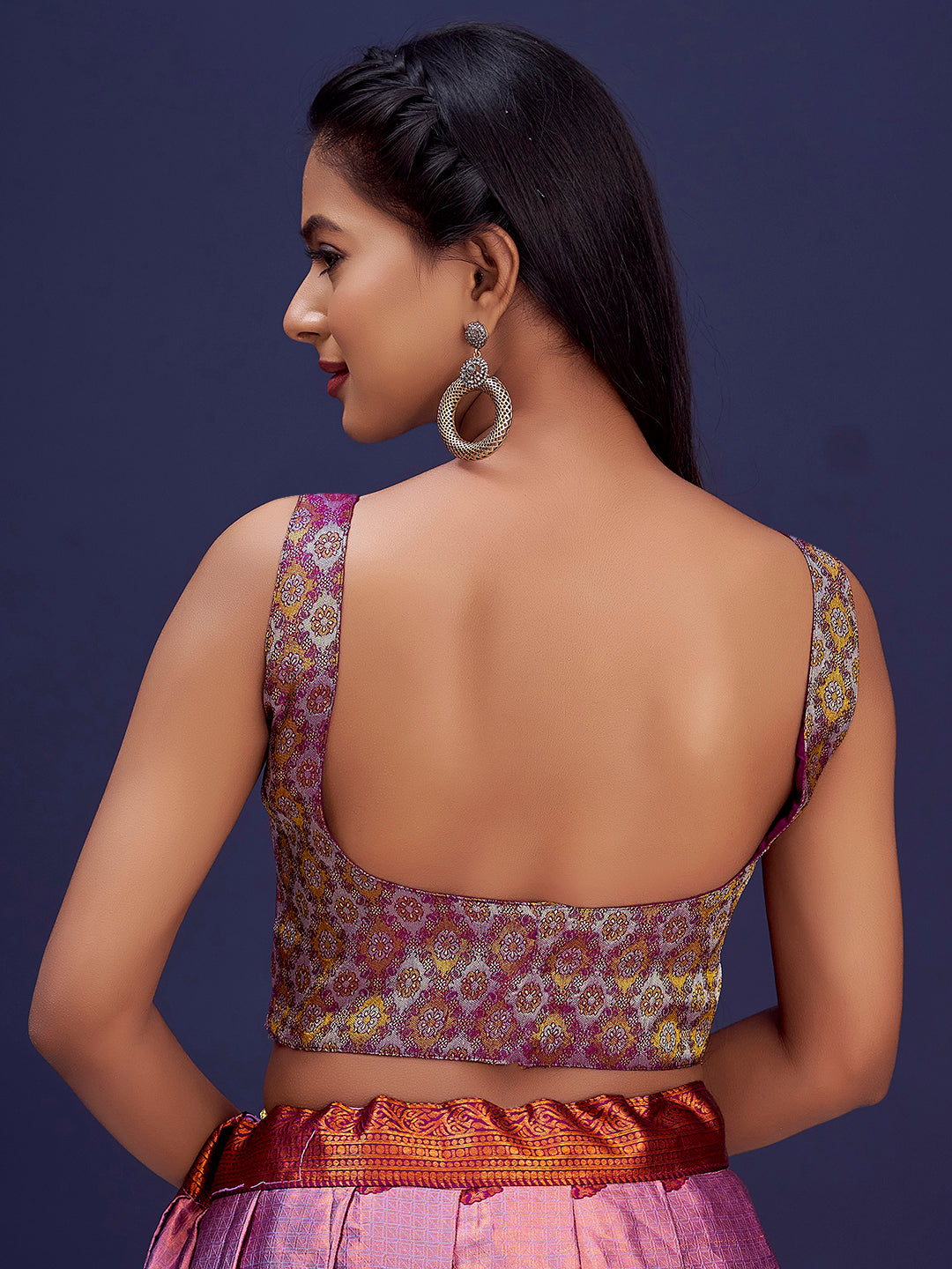 Wine Round Neck Sleeveless Padded Blouse with Gold Zari