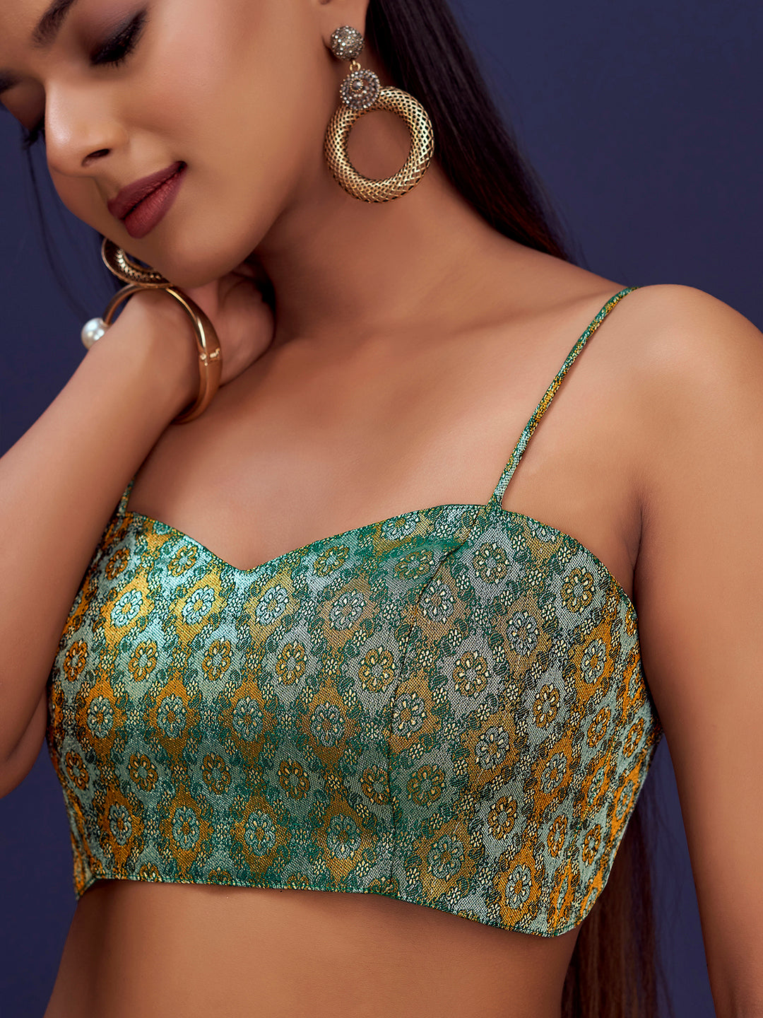 Green Sweetheart Neck Sleeveless Padded Blouse with Gold Zari