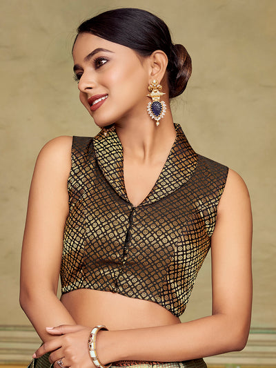 Black Collar Neck Sleeveless Padded Blouse with Gold Zari