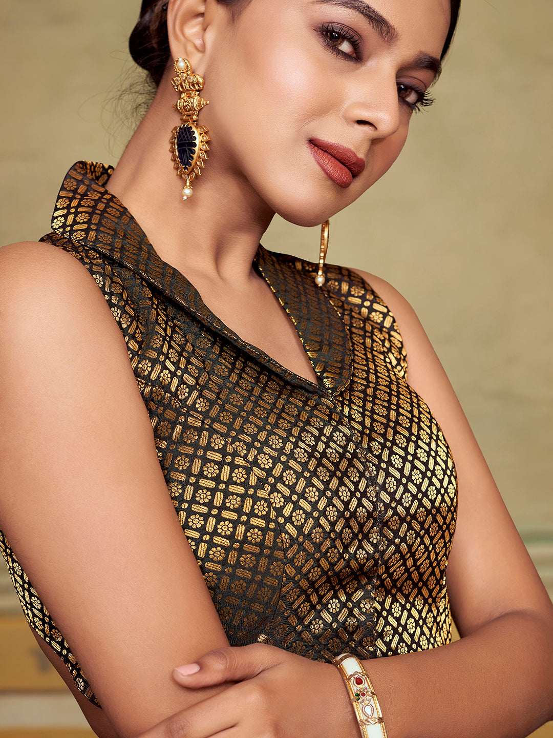 Black Collar Neck Sleeveless Padded Blouse with Gold Zari