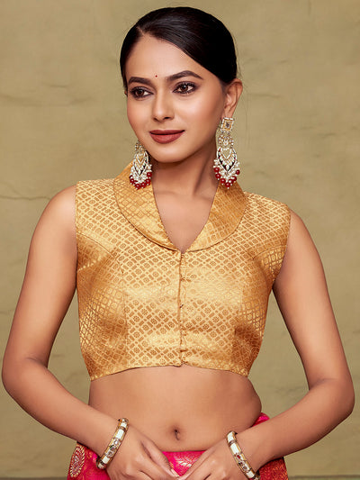 Chikoo Collar Neck Sleeveless Padded Blouse with Gold Zari