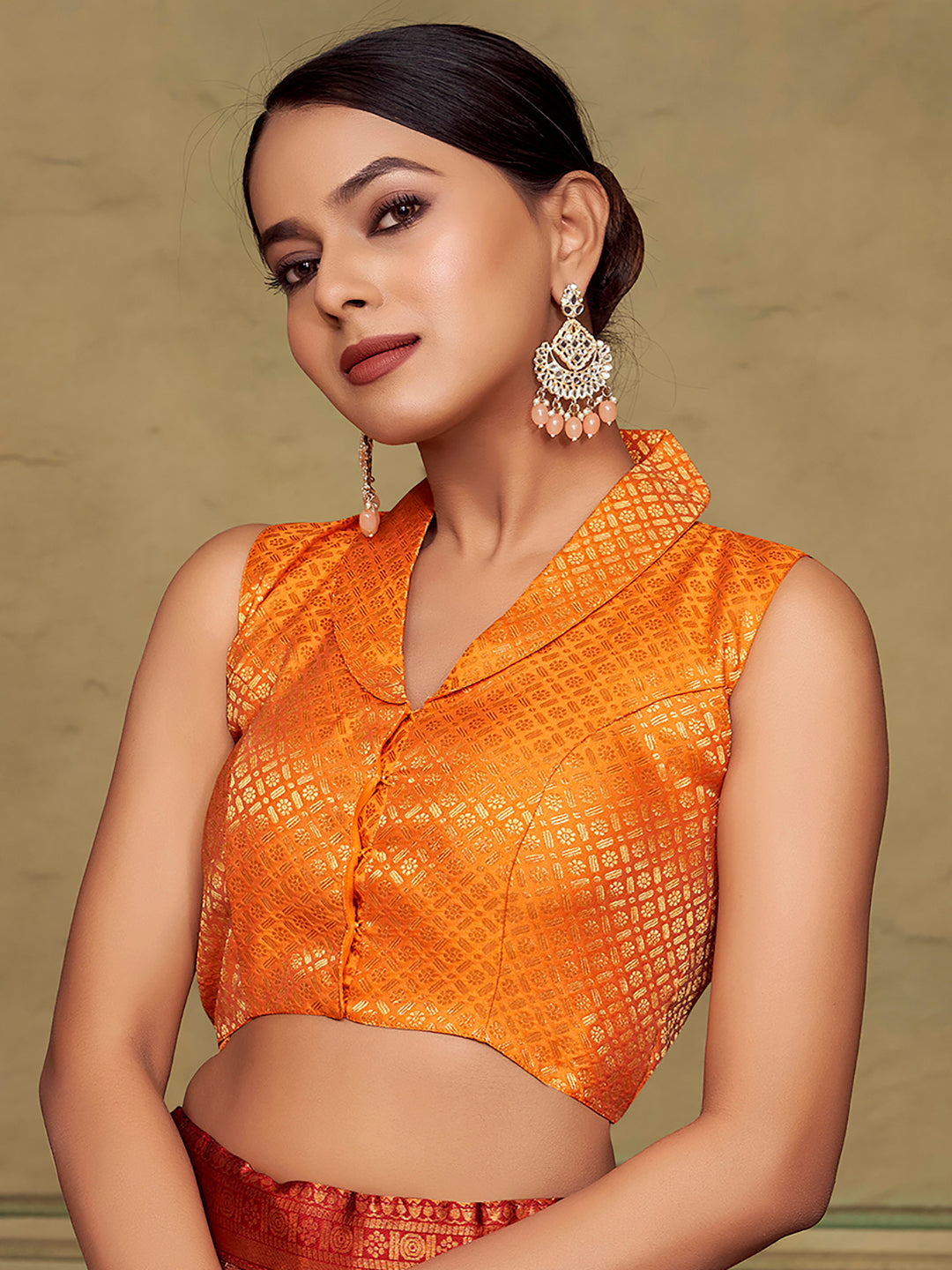 Orange Collar Neck Sleeveless Padded Blouse with Gold Zari