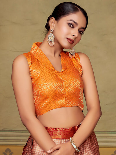 Orange Collar Neck Sleeveless Padded Blouse with Gold Zari