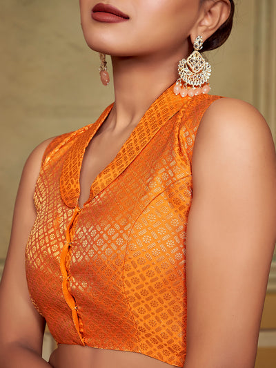 Orange Collar Neck Sleeveless Padded Blouse with Gold Zari