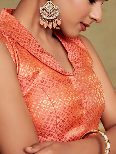 Peach Collar Neck Sleeveless Padded Blouse with Gold Zari