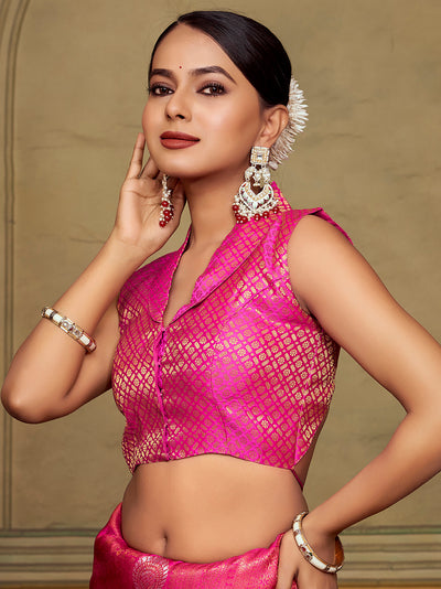 Pink Collar Neck Sleeveless Padded Blouse with Gold Zari