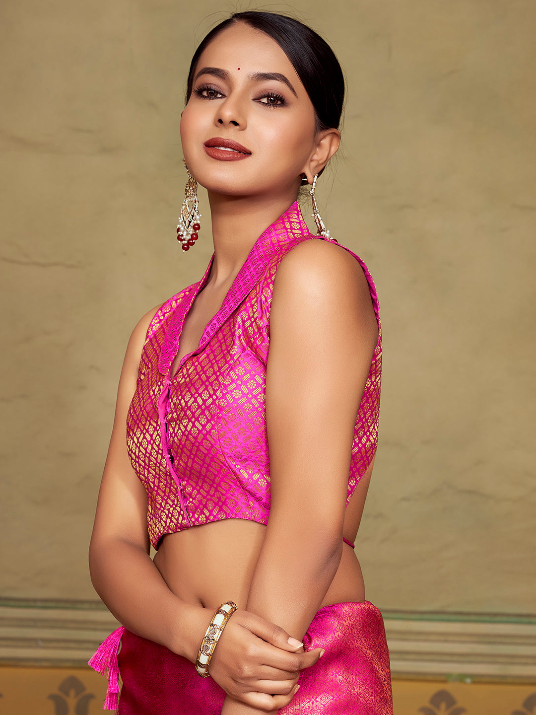 Pink Collar Neck Sleeveless Padded Blouse with Gold Zari