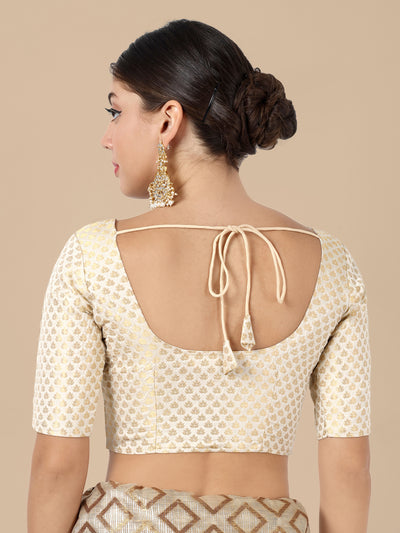 White Round Neck Brocade Blouse