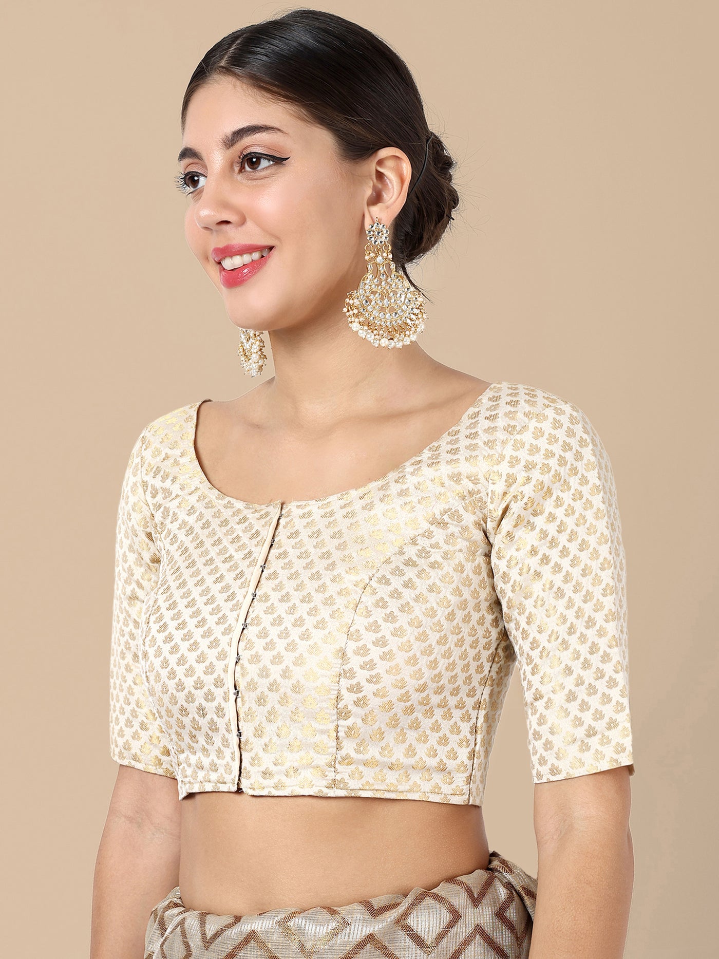 White Round Neck Brocade Blouse