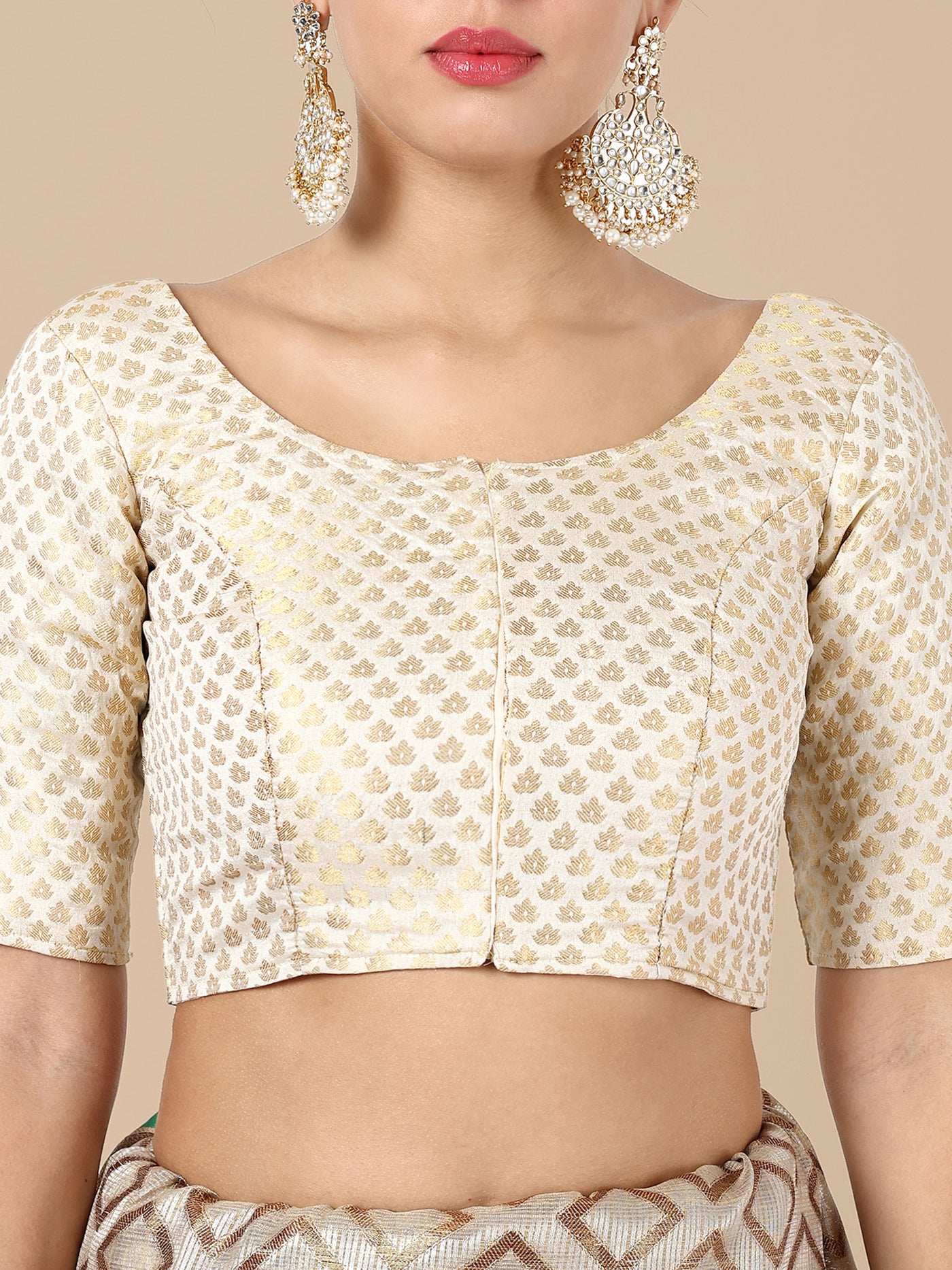 White Round Neck Brocade Blouse