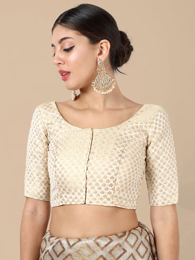 White Round Neck Brocade Blouse