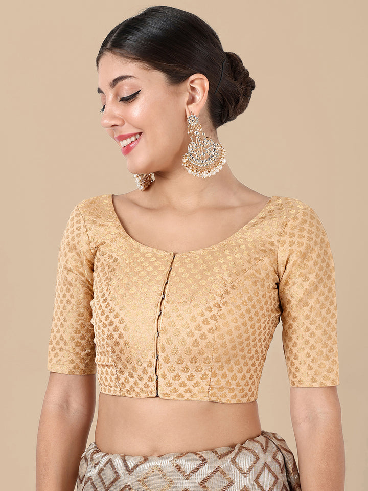 Beige Round Neck Brocade Blouse