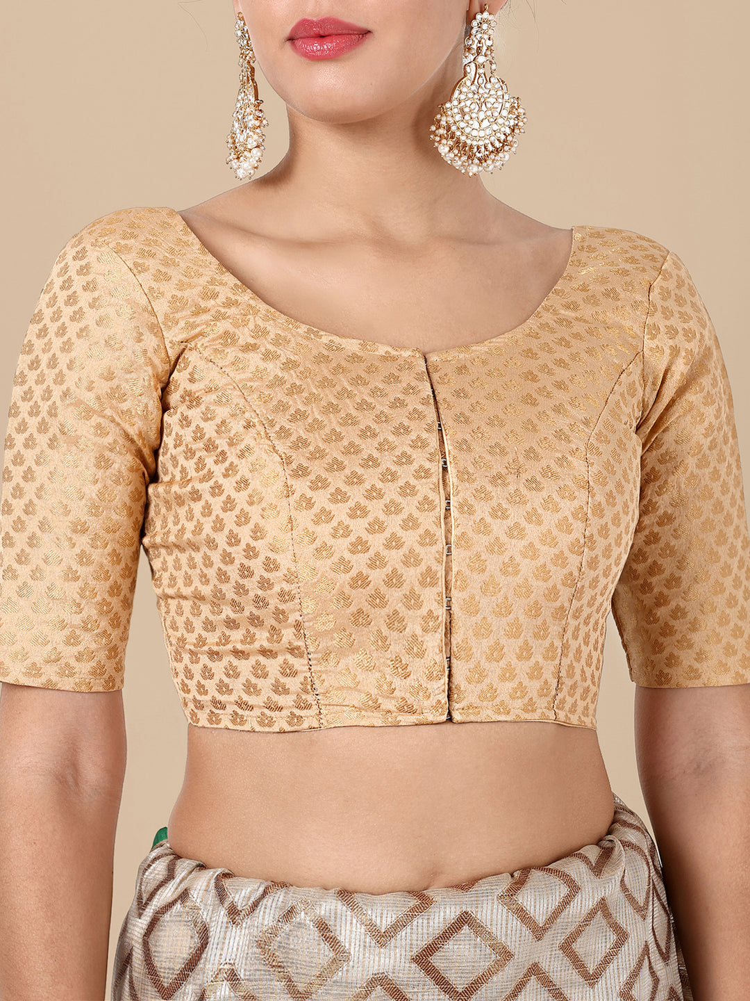 Beige Round Neck Brocade Blouse