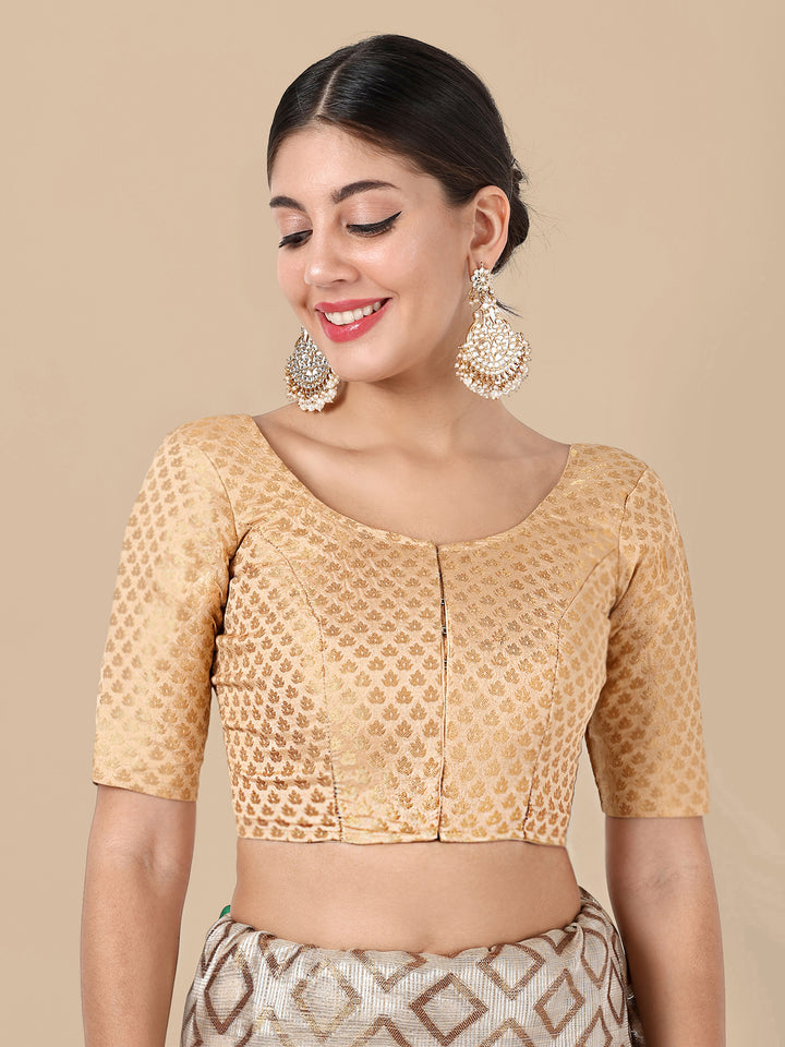Beige Round Neck Brocade Blouse