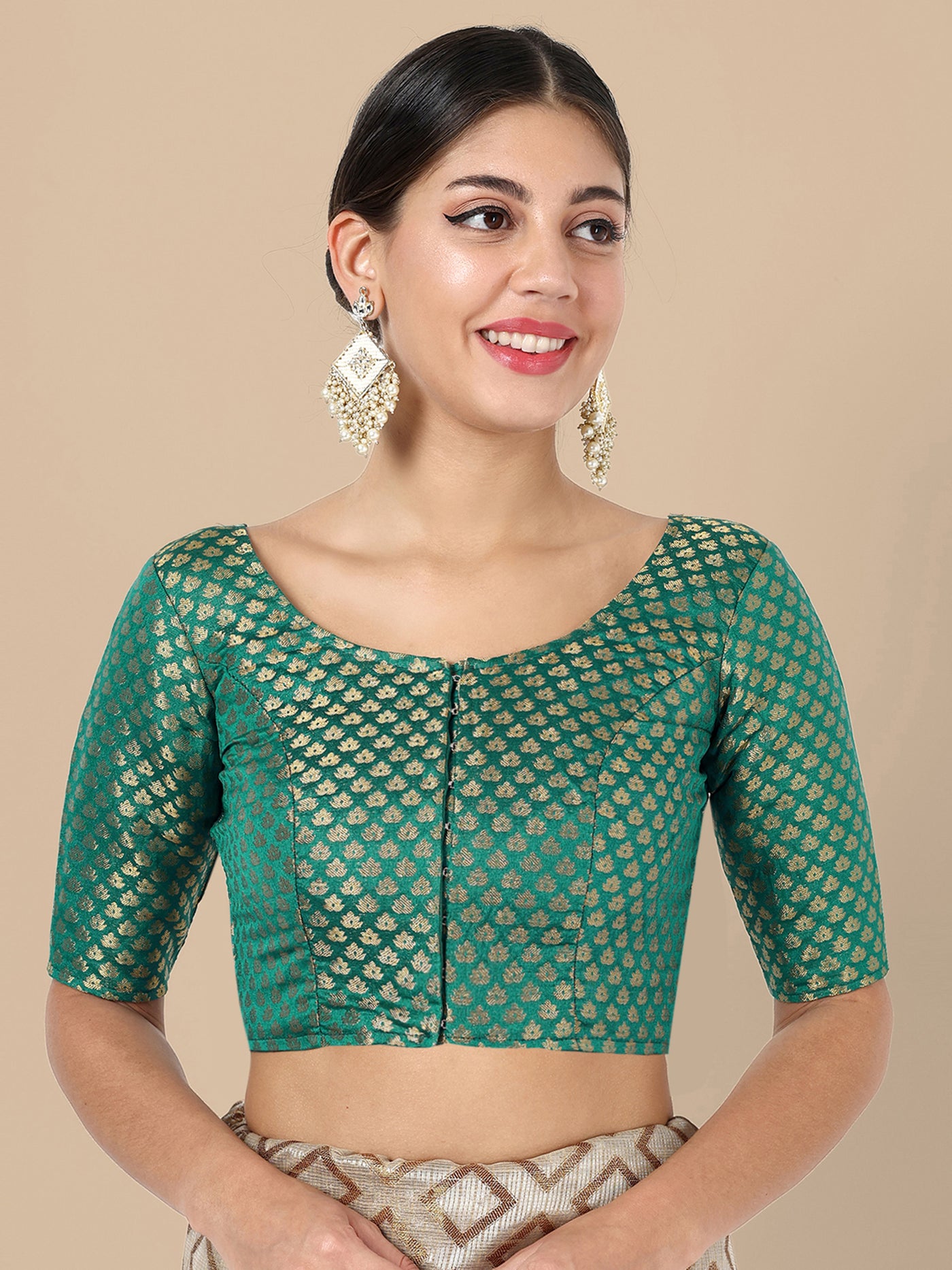Teal Round Neck Brocade Blouse