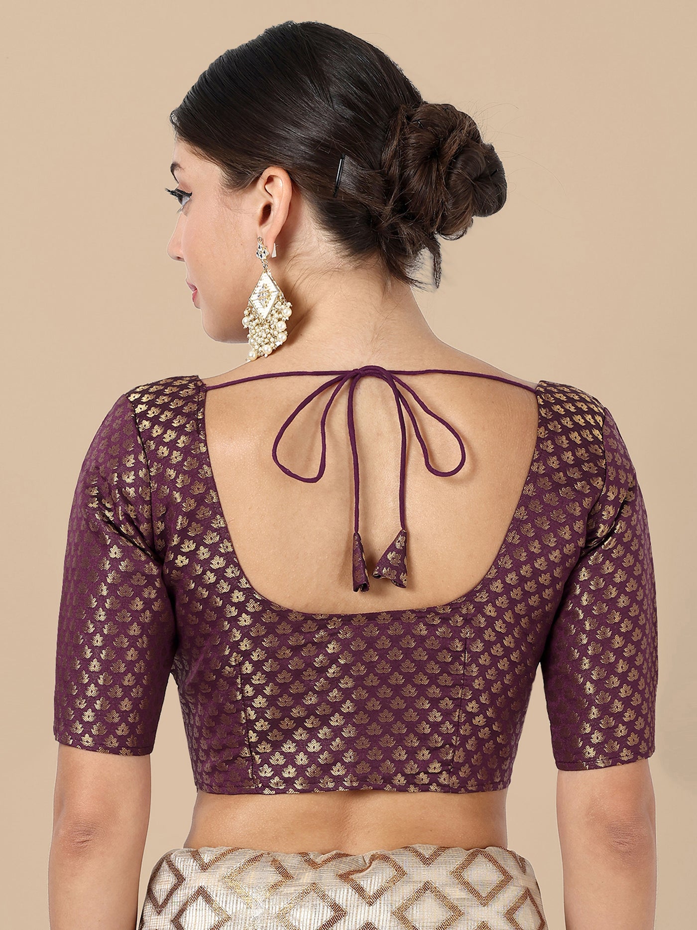 Wine Round Neck Brocade Blouse