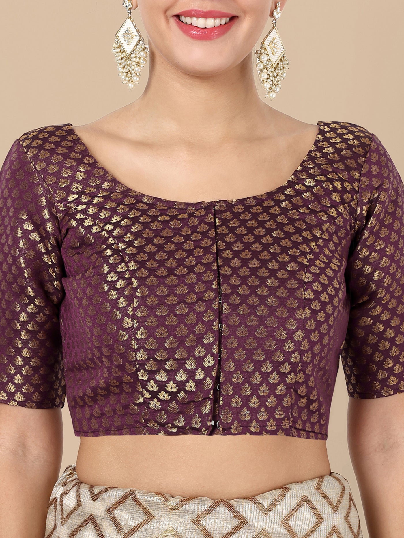 Wine Round Neck Brocade Blouse