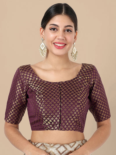 Wine Round Neck Brocade Blouse