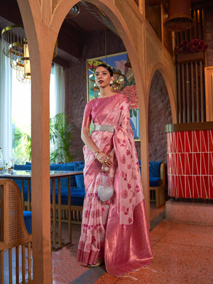 Baby Pink Shimmer Organza Saree with Copper Zari Weaving and Contrast Border, featuring an Exquisite Floral Jangla Design—a perfect blend of Traditional Craftsmanship and Modern Elegance for Festive Occasions. 
