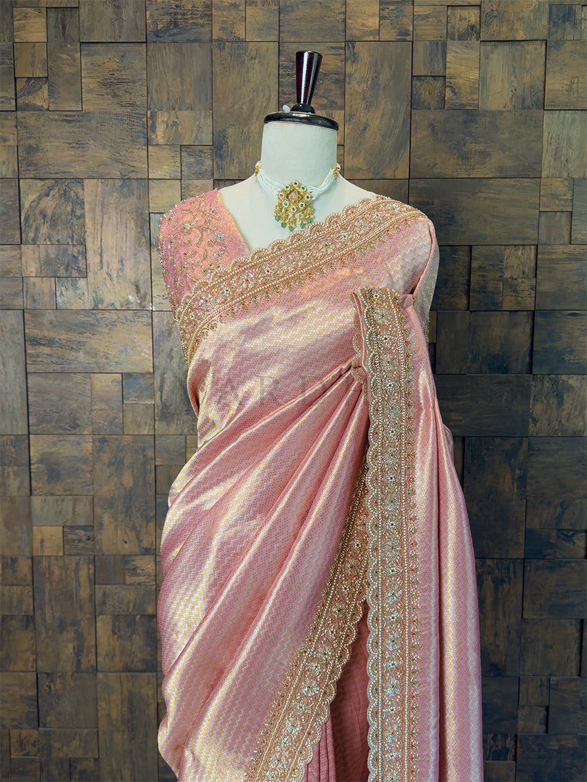 Designer Heavily Embroidered Pearl Blouse Piece paired with Dusty Pink Saree