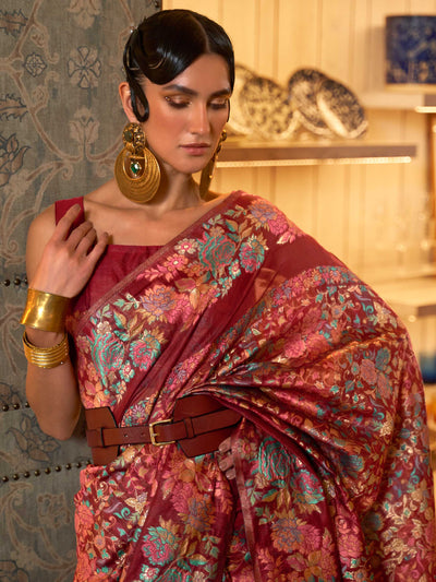 Elegant Barn Red Kashmiri Modal Handloom Saree with Intricate Floral Weaving and a Borderless Design, offering a Luxurious Drape—ideal for those seeking Authentic Ethnic Wear with a Modern Twist.