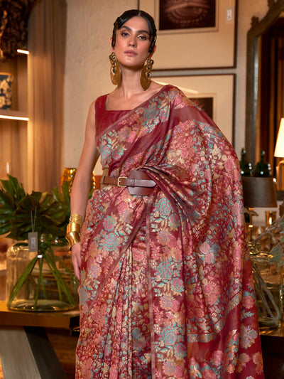 Handloom Woven Barn Red Floral Kashmiri Modal Saree, crafted with Precision and Care, showcasing a Borderless Aesthetic and Rich Textures—a statement piece for Cultural Celebrations and Special Events.