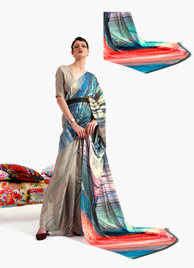 Elevate your wardrobe with this Bollywood-style Crepe Saree, designed with a striking digital print that seamlessly blends earthy tones with vibrant hues. Perfect for festive occasions, weddings, and evening events, this saree offers a graceful drape and a luxurious feel.