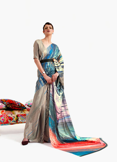 Beige-Camel Brown & Sapphire Blue Digital Printed Soft Crepe Saree – Modern Bollywood Drape