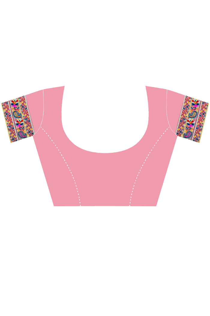 A pink scoop-neck blouse top with colorful embroidered sleeve borders, shown on a plain white background. Close-up portrait of a woman posing with a traditional red umbrella, highlighting the intricate floral pashmina weaving and premium texture of the beige saree.