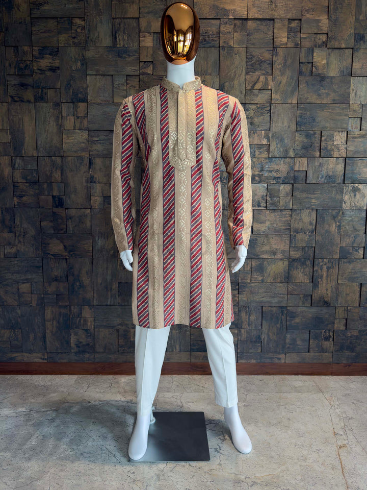 Men's Beige Viscose Kurta with Maroon and Blue Stripes and Gold Sequin Work. Mannequin wearing a traditional outfit with a patterned design against a wooden paneled wall.