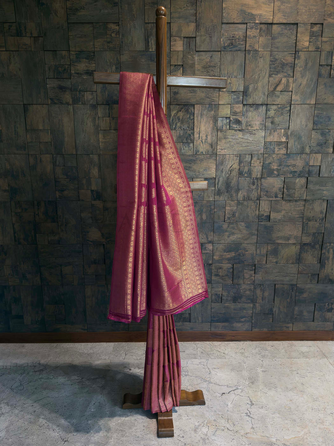 Full drape view of Magenta Wine Kanjivaram Silk Saree with vertical stripes.