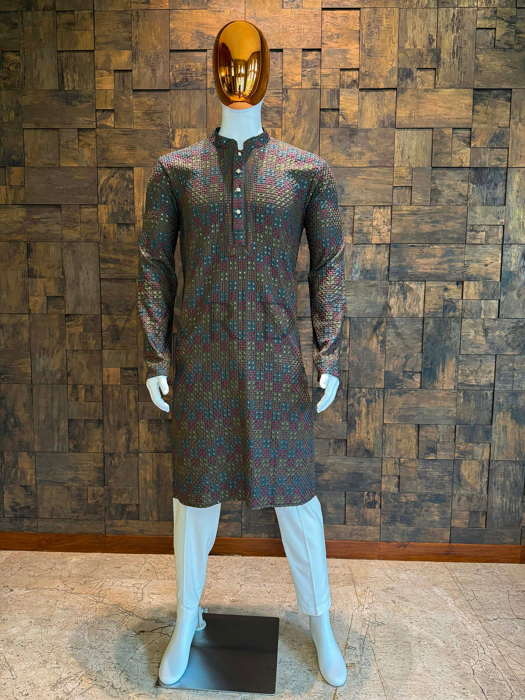 Dark black multicolor viscose kurta with woven geometric motifs and golden thread accents.