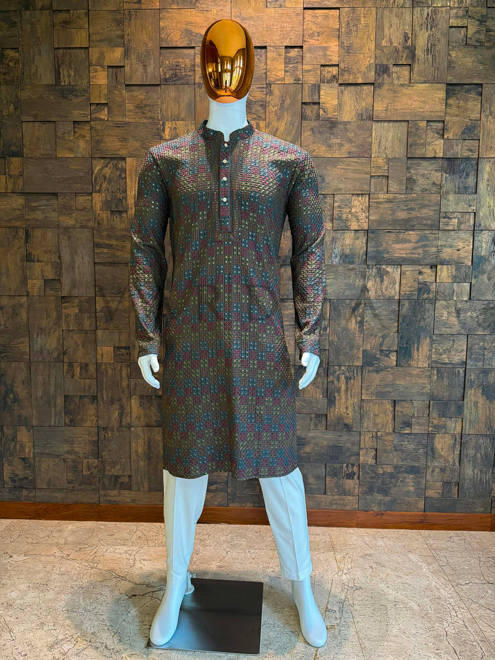 Dark black multicolor viscose kurta with woven geometric motifs and golden thread accents.