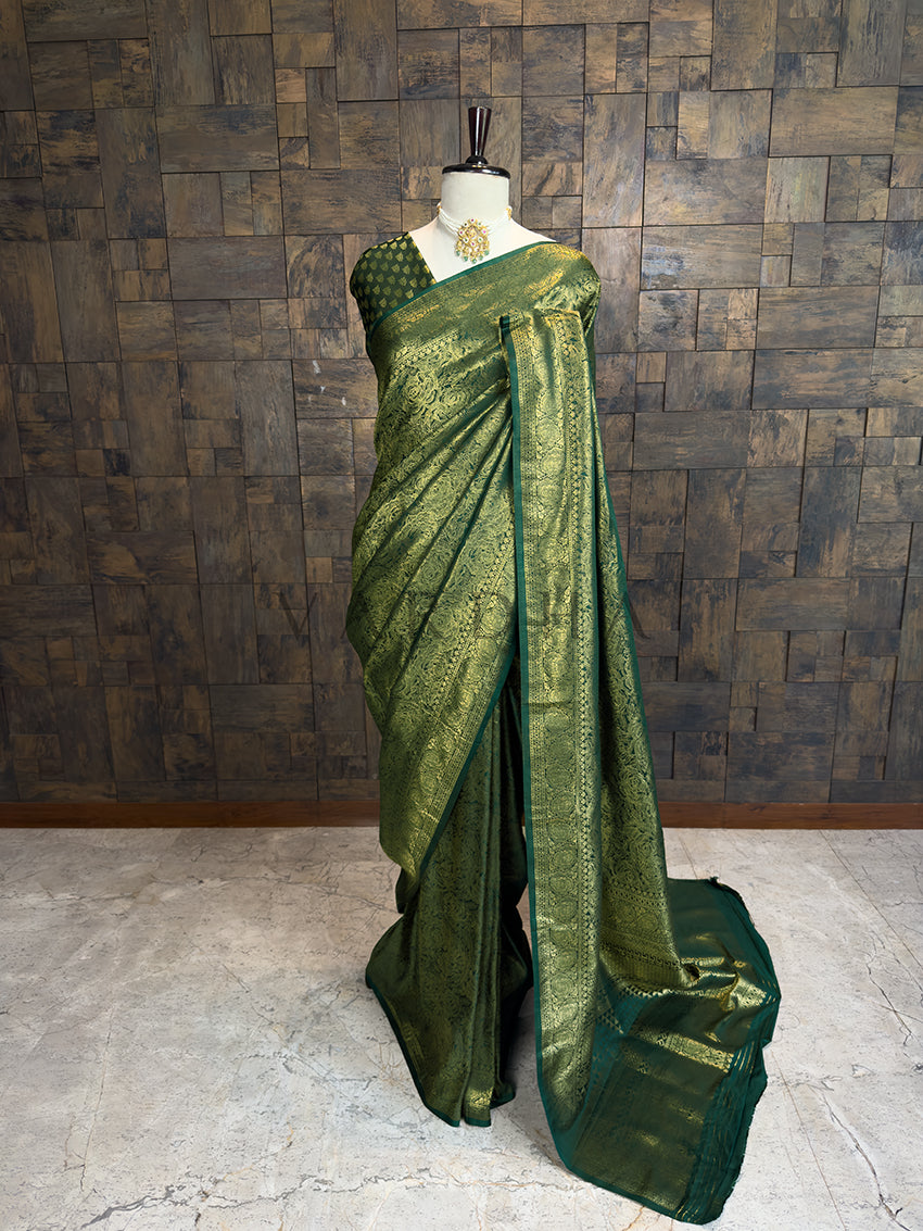 Bottle Green Antique Gold Zari Kanjivaram Silk Saree