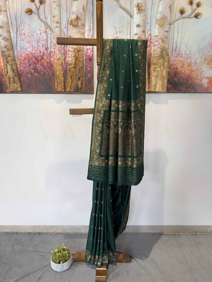 Elegant Castleton Green Jamawar satin saree, perfect for weddings and celebrations, featuring rich patterns and a glossy finish.