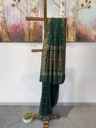 Elegant Castleton Green Jamawar satin saree, perfect for weddings and celebrations, featuring rich patterns and a glossy finish.