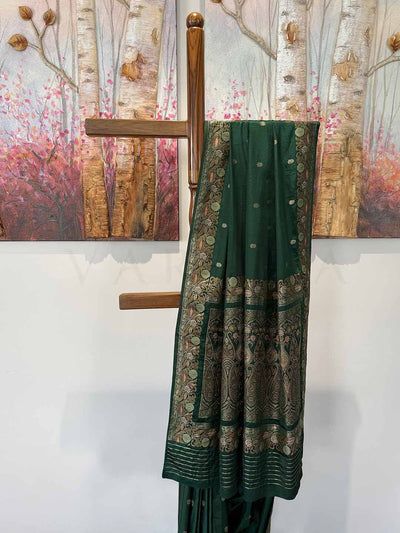 Traditional Castleton Green satin saree with Jamawar weaving, offering a festive and luxurious look for special occasions.