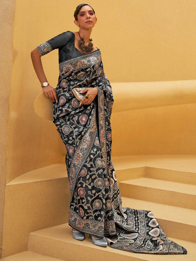 Classic Black Lucknowi Chikankari Weaving Saree at House of Vardha. A stunning handcrafted saree with exquisite detailing, perfect for weddings, parties, and festive occasions.