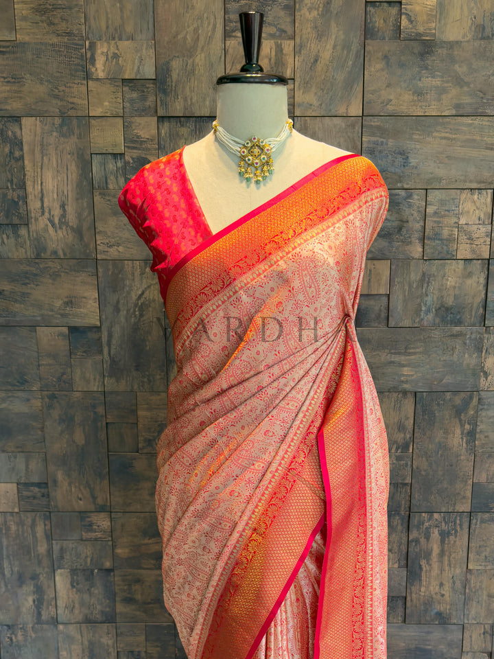 Cream-Red Tanchoi Satin Silk Saree with Zari Work