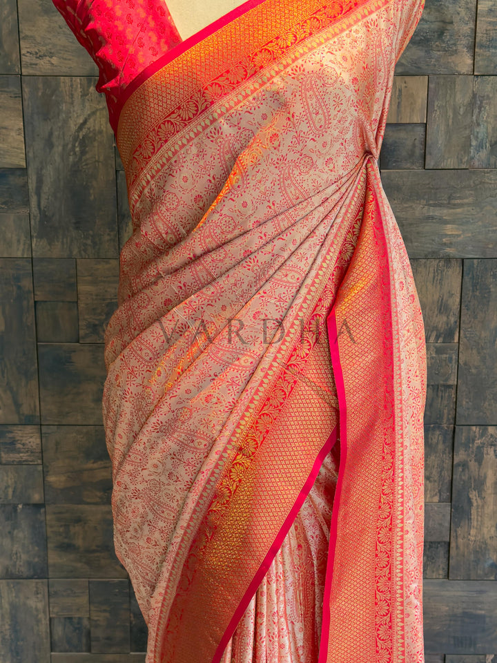 Cream-Red Tanchoi Satin Silk Saree with Zari Work