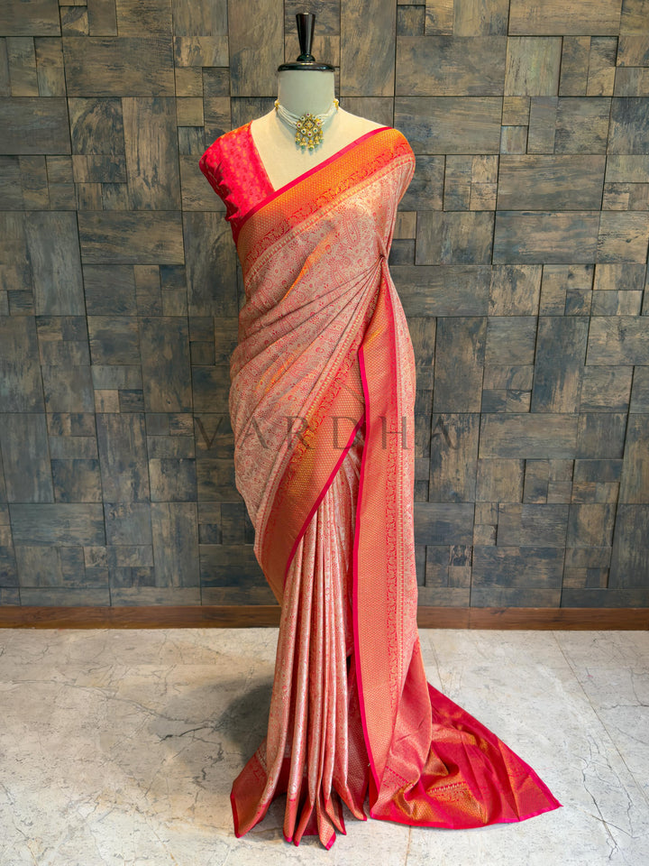 Cream-Red Tanchoi Satin Silk Saree with Zari Work