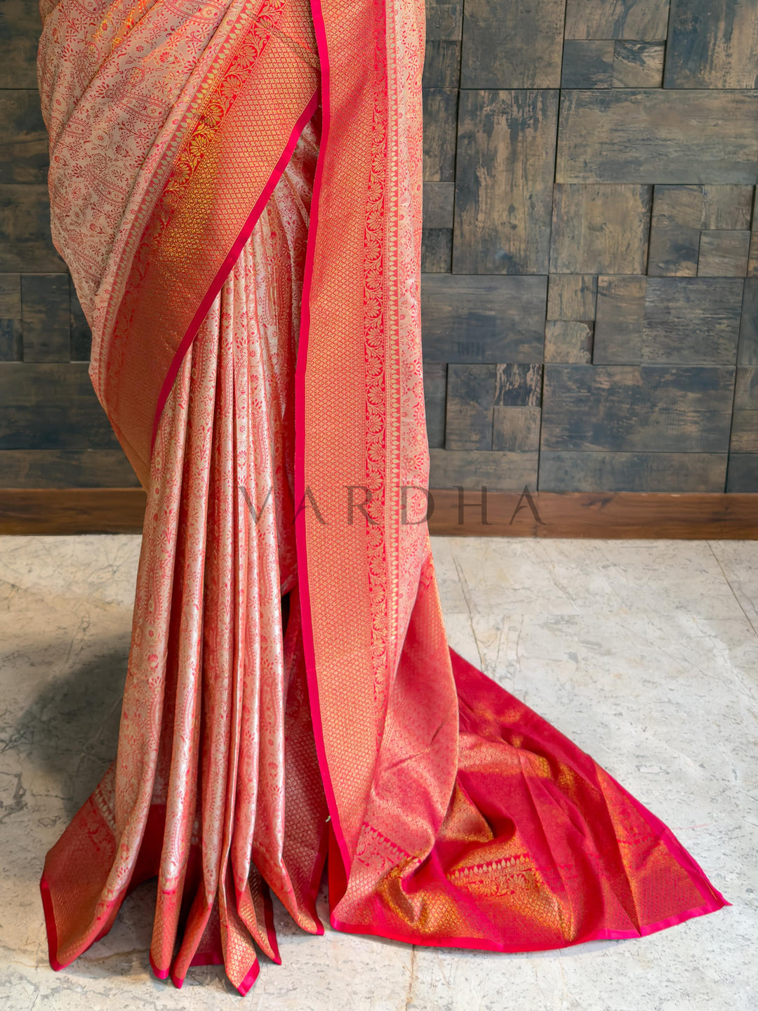Cream-Red Tanchoi Satin Silk Saree with Zari Work