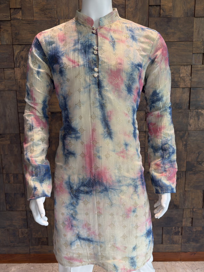 Full-length men’s ethnic kurta with multicolor pastel tie-dye design, mandarin collar, long sleeves, and gold accent motifs on premium fabric.