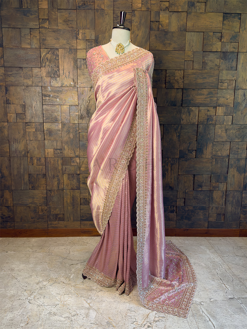 Full View Baby Pink Viscose Saree with Pearl Handwork for Bridesmaids