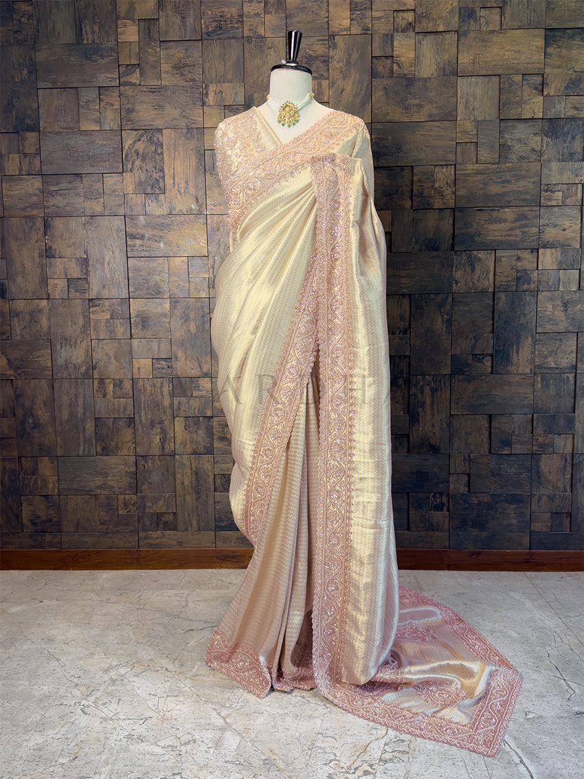 Full View Champagne Cream Viscose Saree with Pearl Handwork for Receptions