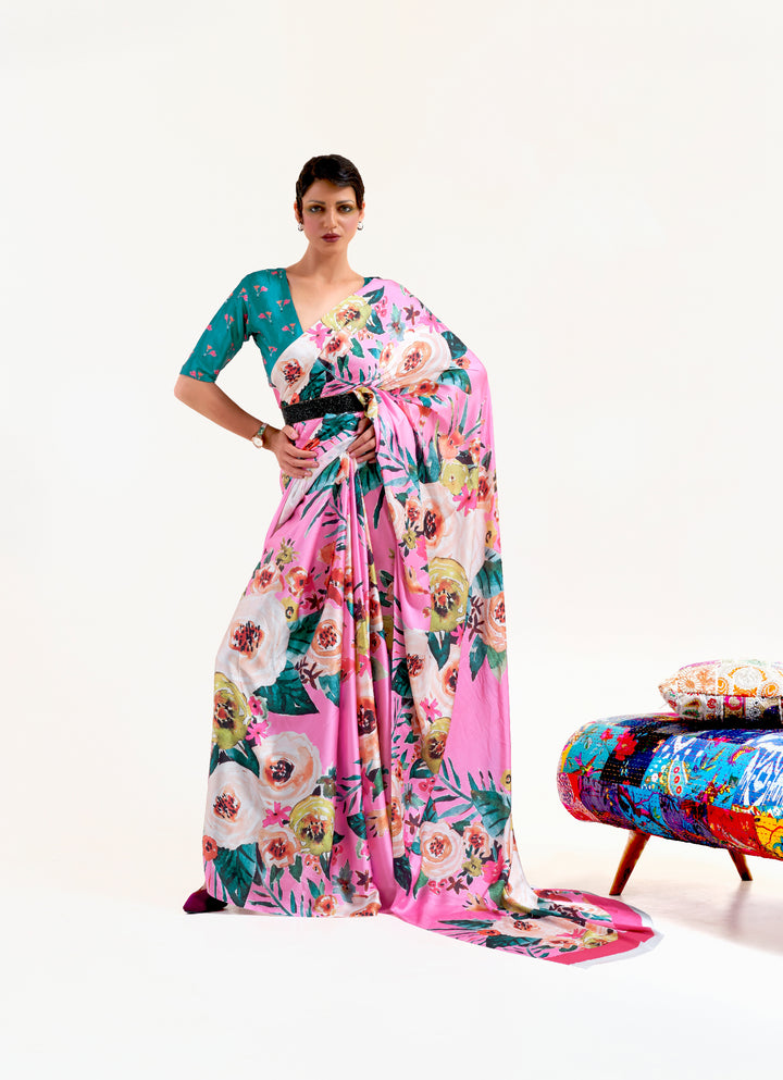Creamy pink digital printed soft crepe saree with Bollywood-style drape and floral patterns, perfect for festive occasions.