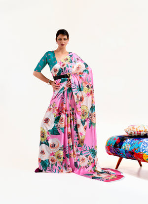 Creamy pink digital printed soft crepe saree with Bollywood-style drape and floral patterns, perfect for festive occasions.