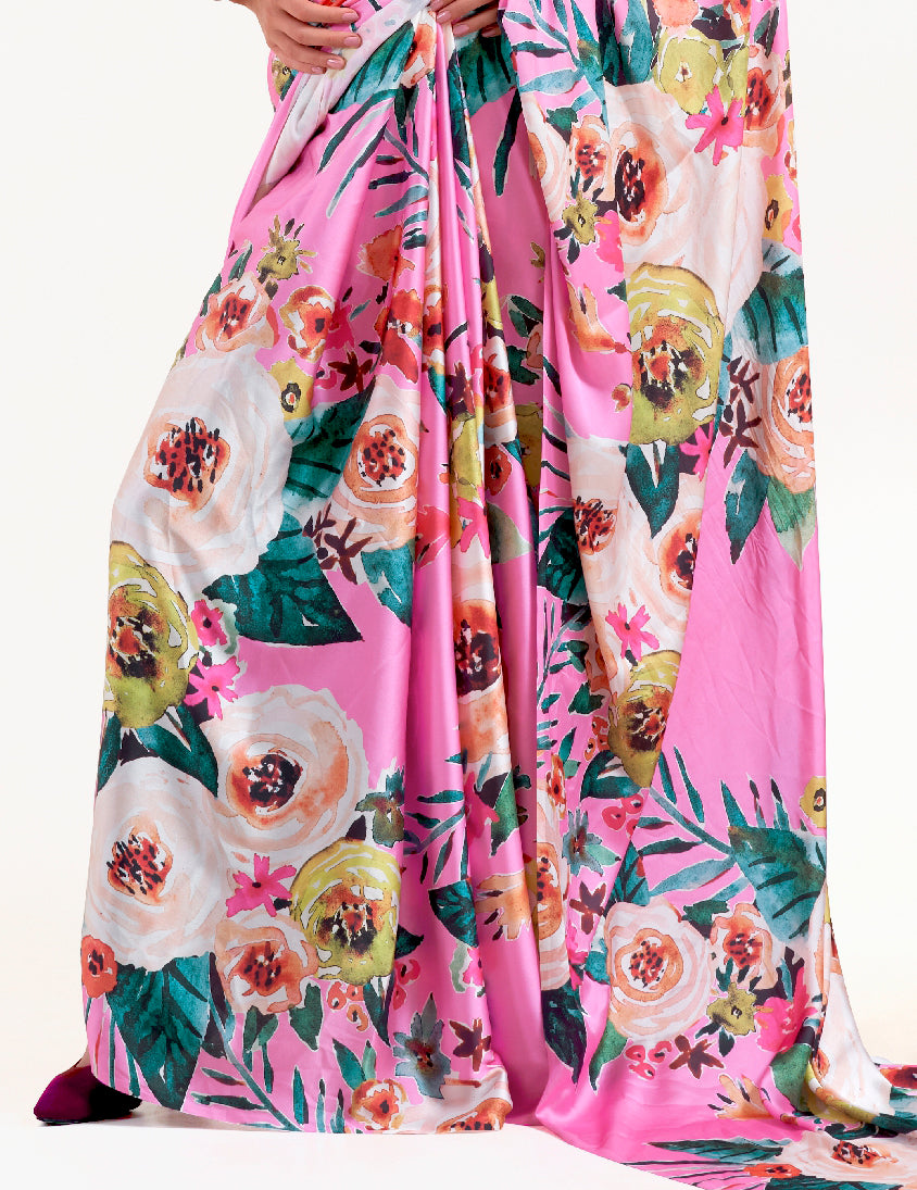 Designer creamy pink crepe saree featuring digital floral prints and Bollywood-inspired drape, ideal for cultural celebrations.