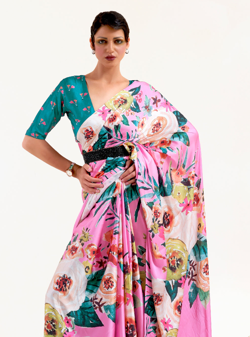 Elegant creamy pink soft crepe saree adorned with digital floral designs and Bollywood drape, suitable for special events.